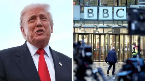Reuters / AFP via Getty Images This composite photograph shows US President talking to reporters. He is dressed in a dark suit, white shirt and red tie. The other image shows someone walking outside the BBC's London headquarters.
