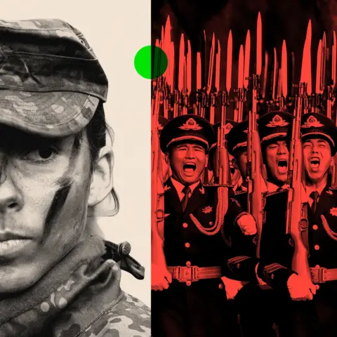 BBC A treated image showing a recruit in the armed forces and on the right an image of the Chinese People's Liberation Army honour guard members