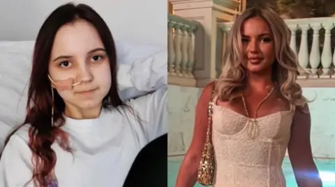 Collect/PA Real Life Two images side-by-side of Lucy Dare. On the left, she is shown as a young teenager, sat in bed with dark brown-red hair with a feeding tube in her nose. On the right, she is shown in her 20s, posing for a photo in a white top and dressed up with makeup, with blonde hair.