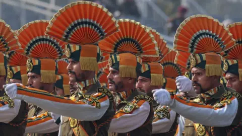 EPA/Shutterstock Indian paramilitary soldiers take part during Republic Day parade rehearsals in New Delhi, India, 21 January 2026. India will celebrate its 77th Republic Day on 26 January 2026.