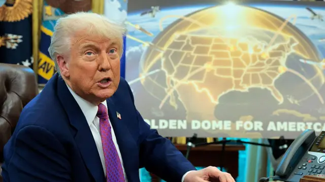 Trump and a poster for the Golden Dome