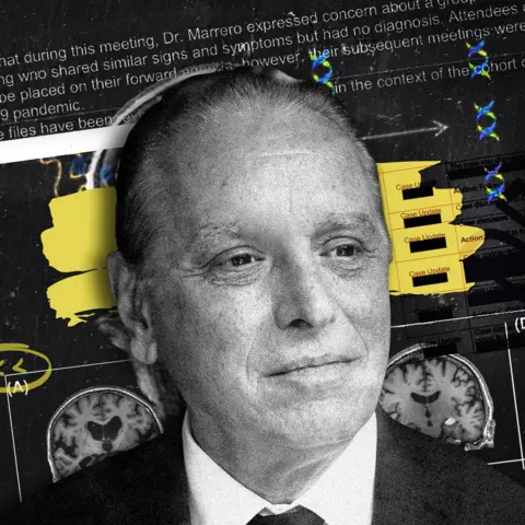 BBC Graphic showing a photograph of Dr Marerro against a stylised black, white and yellow background. 