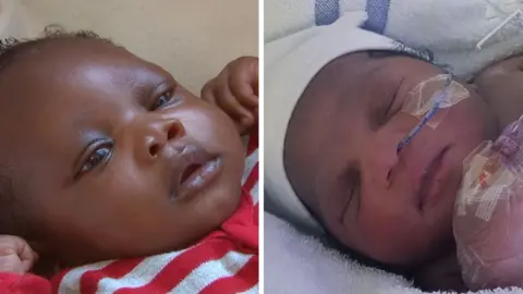 PA Media A composite image of photos provided by the Metropolitan Police. On the left is baby Harry who has wavy dark hair and is wearing a red and white striped outfit. To the right is his sister Roman. She is wearing a white hat and has a tube in her nose and a hospital drip in her hand.