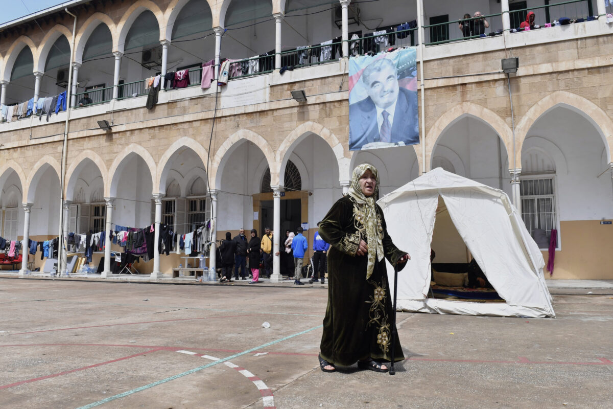 Lebanese families displaced by Israeli army attacks on southern Beirut take shelter in a school, living in classrooms and tents set up in the schoolyard after being forced to flee their homes in Beirut, Lebanon on March 27, 2026. [Houssam Shbaro - Anadolu Agency]
